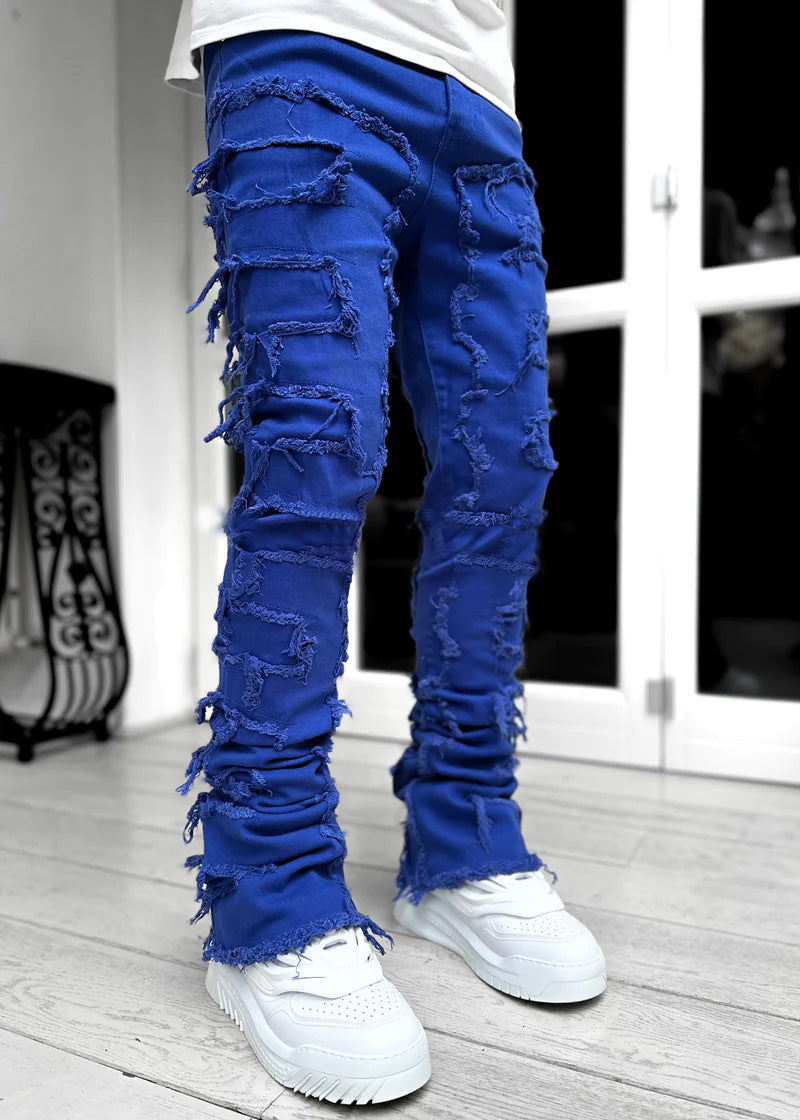 Men’s Stacked Jeans – Individual Patched Long Tight-Fit Trousers for Trendy Streetwear