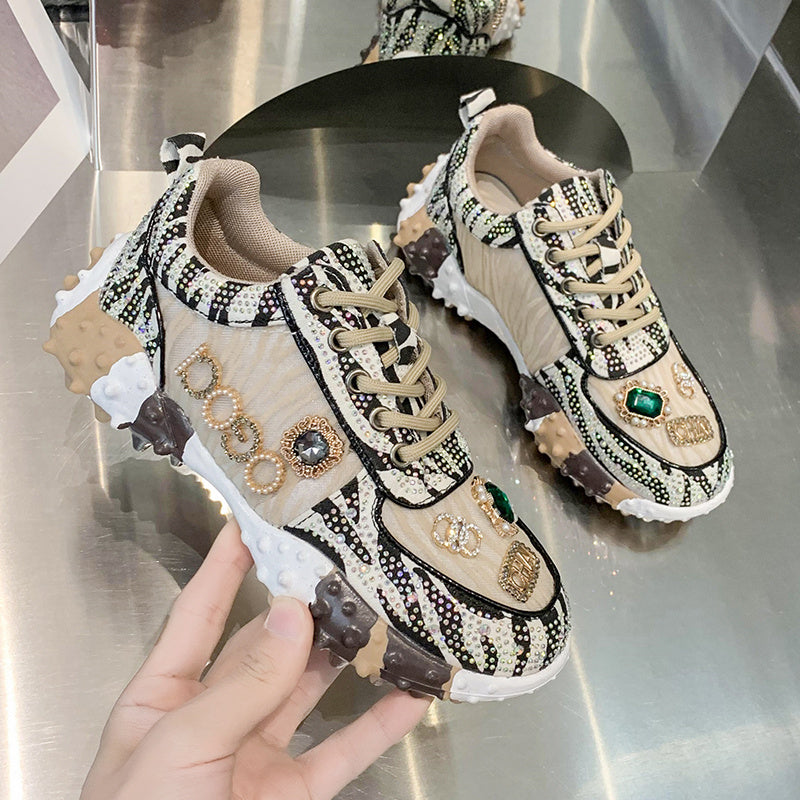 Women’s Diamond-Studded Retro Daddy Shoes – Chunky Sneakers with Glam Appeal