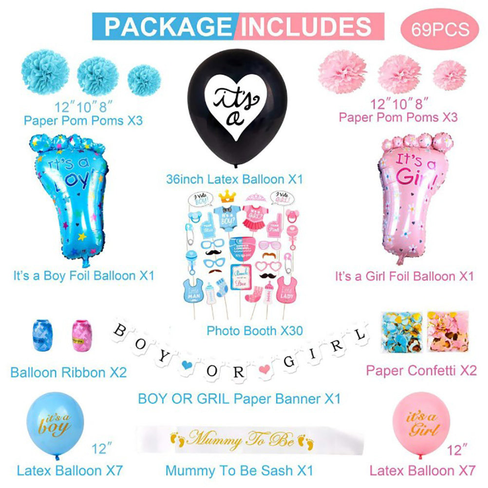69PCS Baby Gender Reveal Party Supplies Kit Black Balloon Pink Blue Confetti Boy or Girl Banner Party Decorations Photo Props