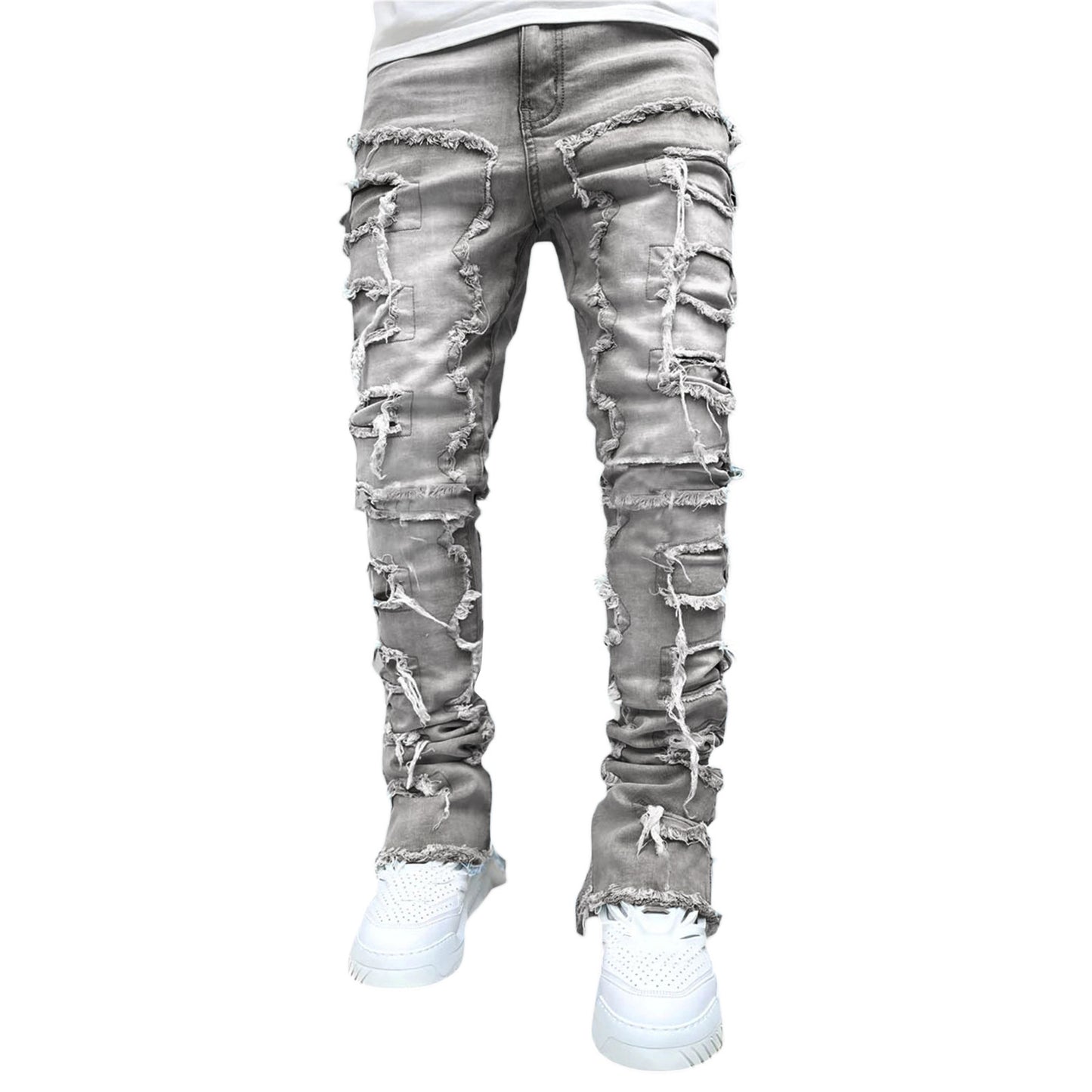 Men’s Stacked Jeans – Individual Patched Long Tight-Fit Trousers for Trendy Streetwear