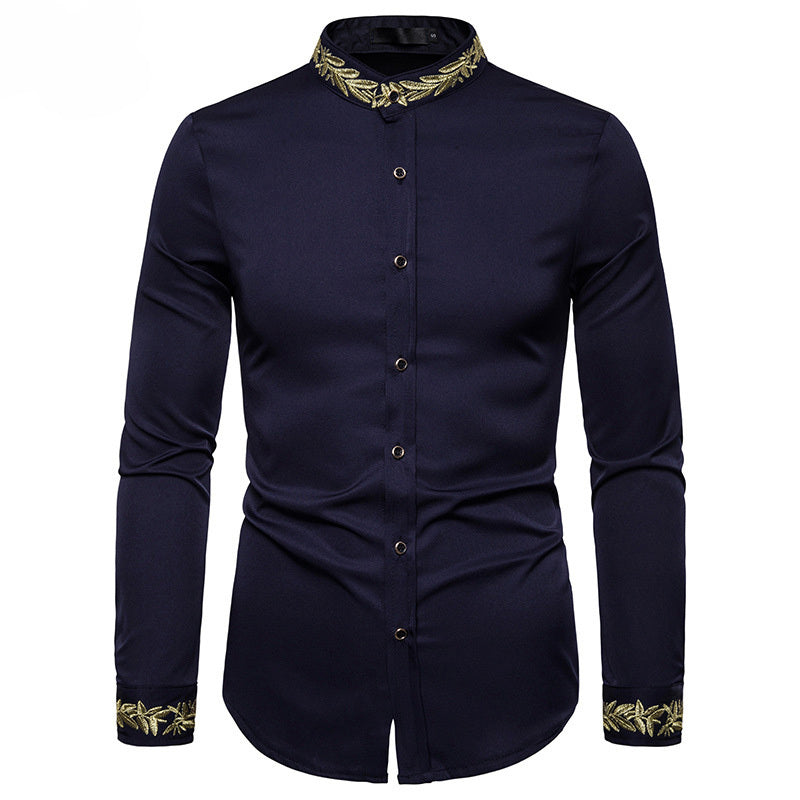 Men’s Shirt with Gold Embroidery – Stand Collar Slim Fit Long Sleeve Dress Shirt