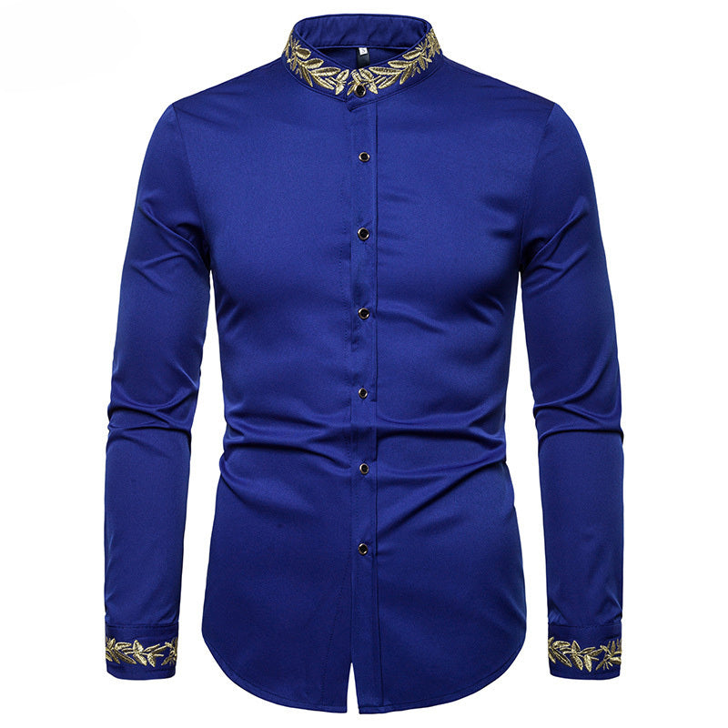 Men’s Shirt with Gold Embroidery – Stand Collar Slim Fit Long Sleeve Dress Shirt