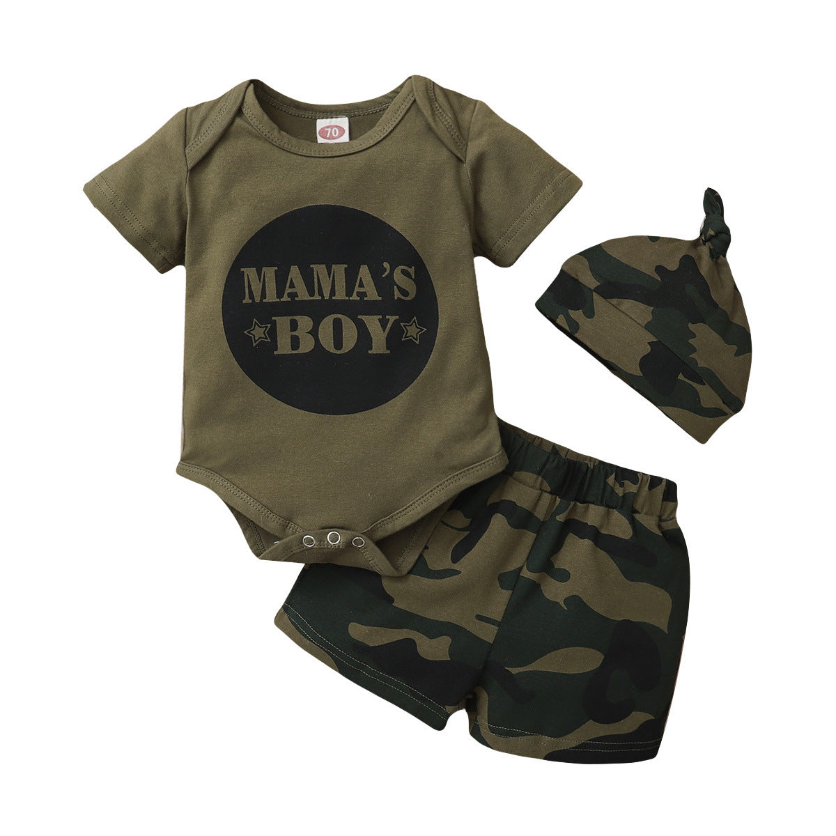 Boys' 3-Piece Camouflage Outfit – Printed Short-Sleeve Shirt, Shorts & Matching Hat Set
