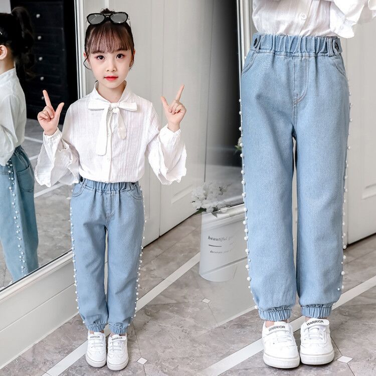 Girls' Fashion Korean Style Side Beaded Denim Jeans