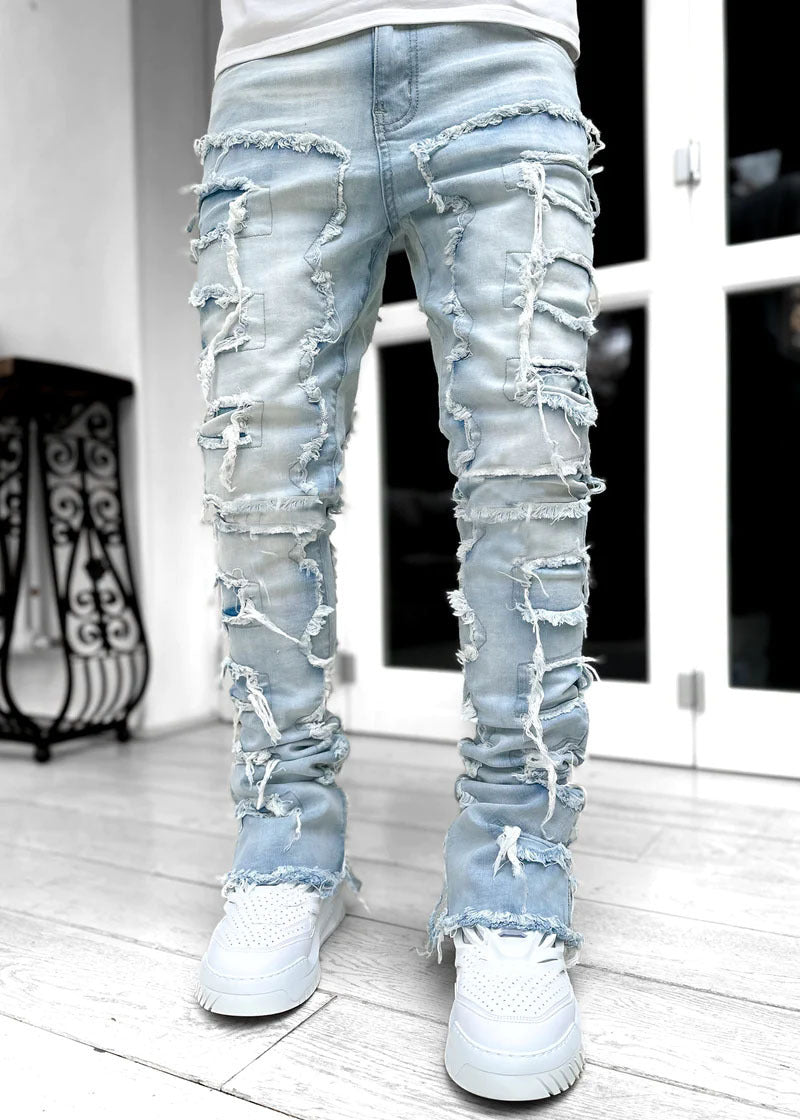 Men’s Stacked Jeans – Individual Patched Long Tight-Fit Trousers for Trendy Streetwear