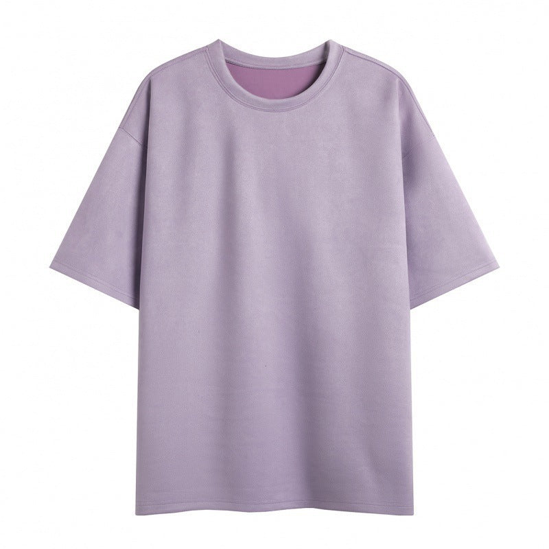 Men’s Suede Loose-Fit Round Neck Pullover – Short Sleeve Solid Color Light Board T-Shirt