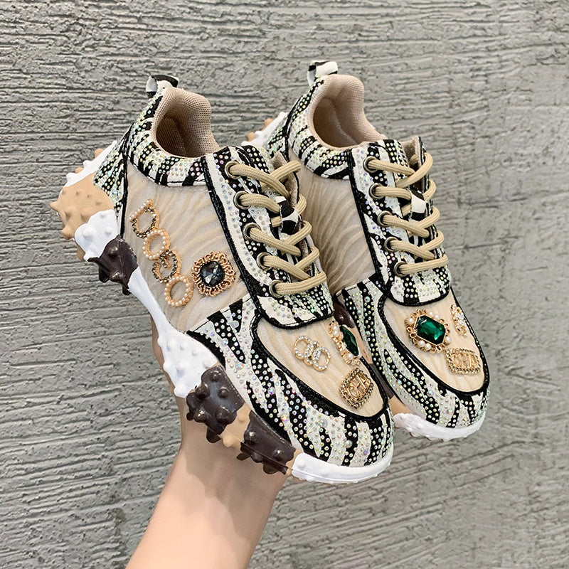 Women’s Diamond-Studded Retro Daddy Shoes – Chunky Sneakers with Glam Appeal