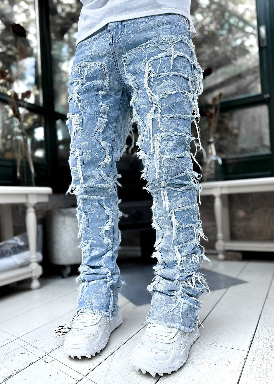Men’s Stacked Jeans – Individual Patched Long Tight-Fit Trousers for Trendy Streetwear