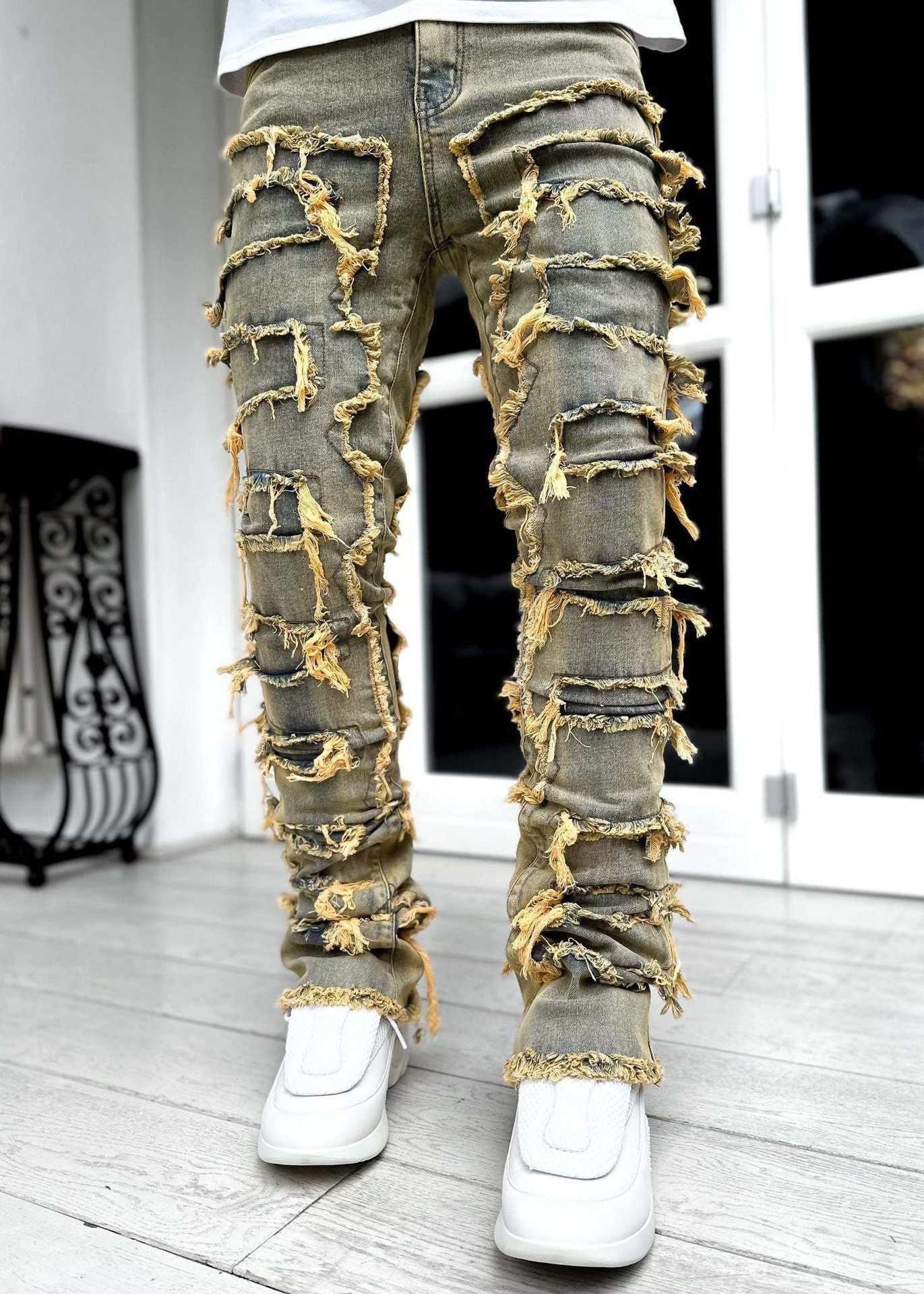 Men’s Stacked Jeans – Individual Patched Long Tight-Fit Trousers for Trendy Streetwear