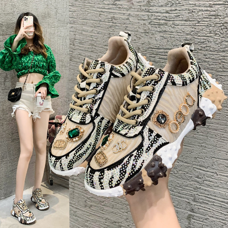 Women’s Diamond-Studded Retro Daddy Shoes – Chunky Sneakers with Glam Appeal