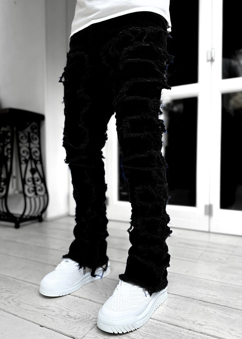 Men’s Stacked Jeans – Individual Patched Long Tight-Fit Trousers for Trendy Streetwear