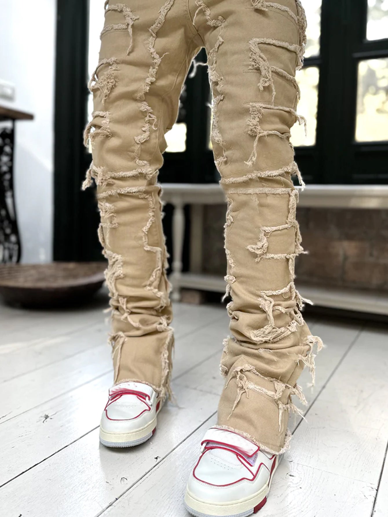 Men’s Stacked Jeans – Individual Patched Long Tight-Fit Trousers for Trendy Streetwear