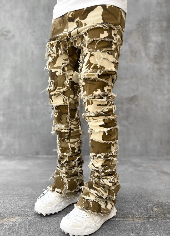Men’s Stacked Jeans – Individual Patched Long Tight-Fit Trousers for Trendy Streetwear