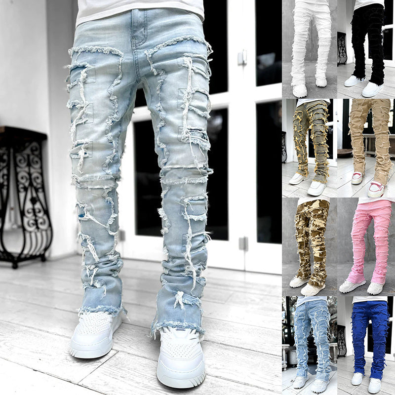 Men’s Stacked Jeans – Individual Patched Long Tight-Fit Trousers for Trendy Streetwear