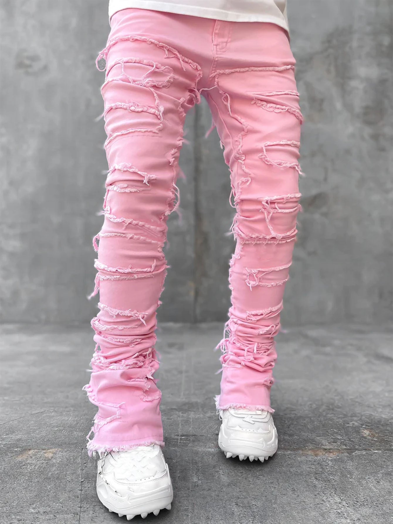 Men’s Stacked Jeans – Individual Patched Long Tight-Fit Trousers for Trendy Streetwear