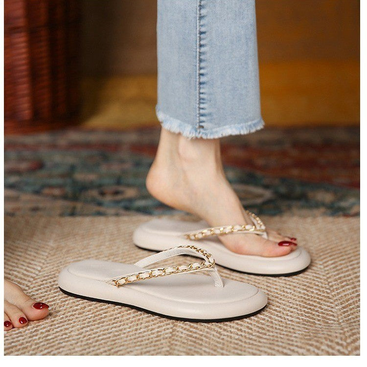 Women’s Retro Chain Strap Sandals – Fashionable Flat Casual Footwear