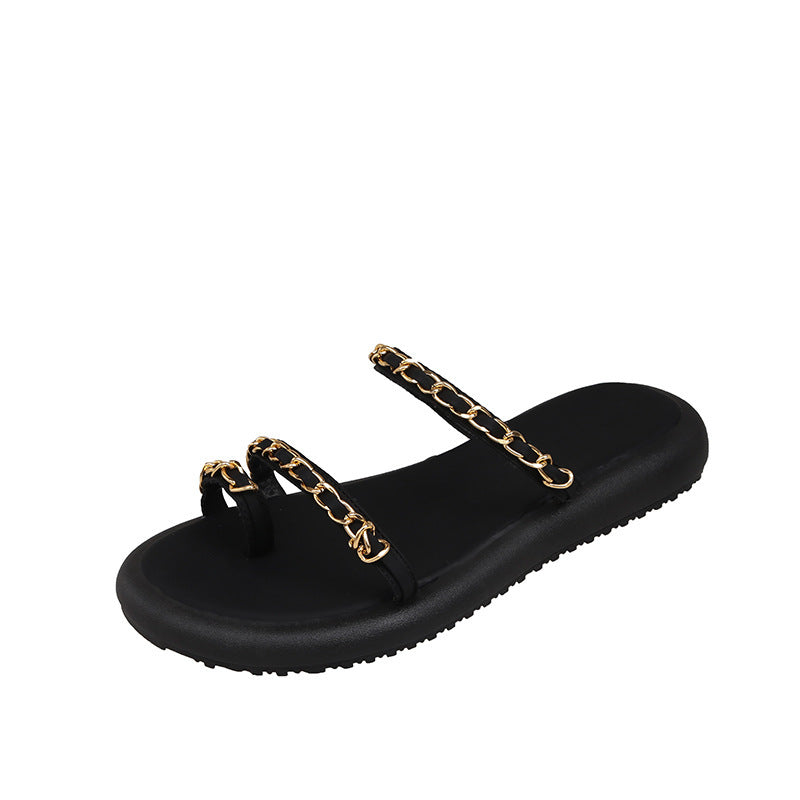 Women’s Retro Chain Strap Sandals – Fashionable Flat Casual Footwear