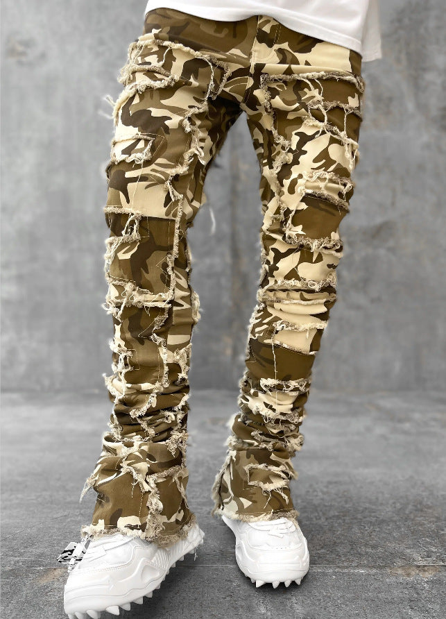 Men’s Stacked Jeans – Individual Patched Long Tight-Fit Trousers for Trendy Streetwear