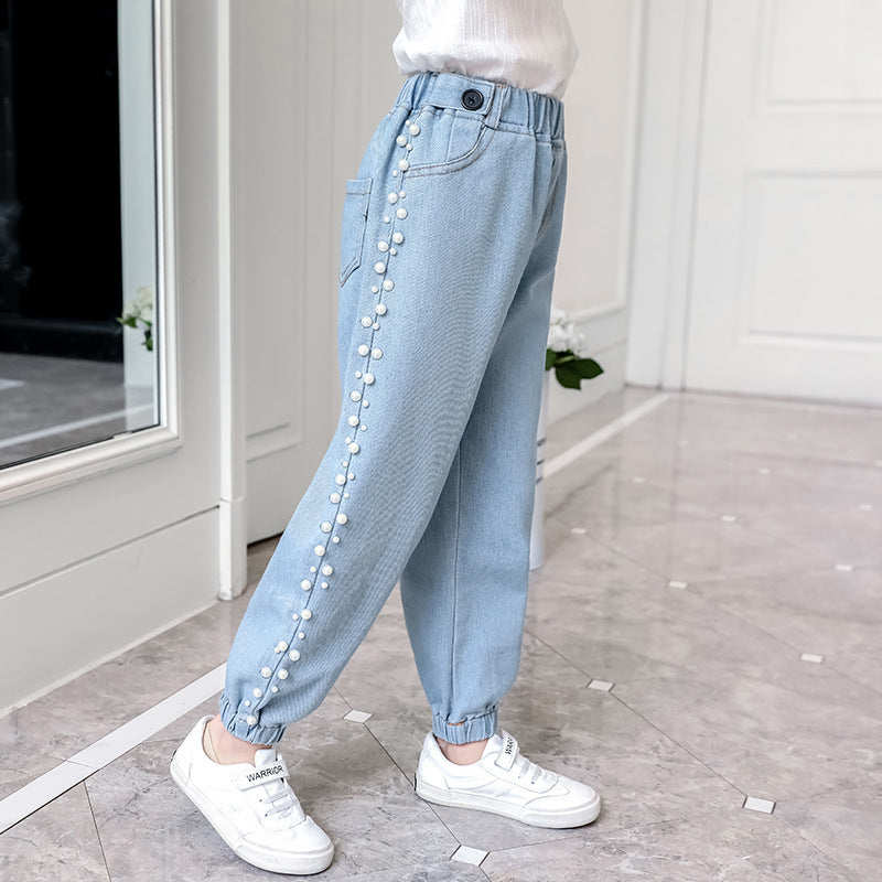 Girls' Fashion Korean Style Side Beaded Denim Jeans