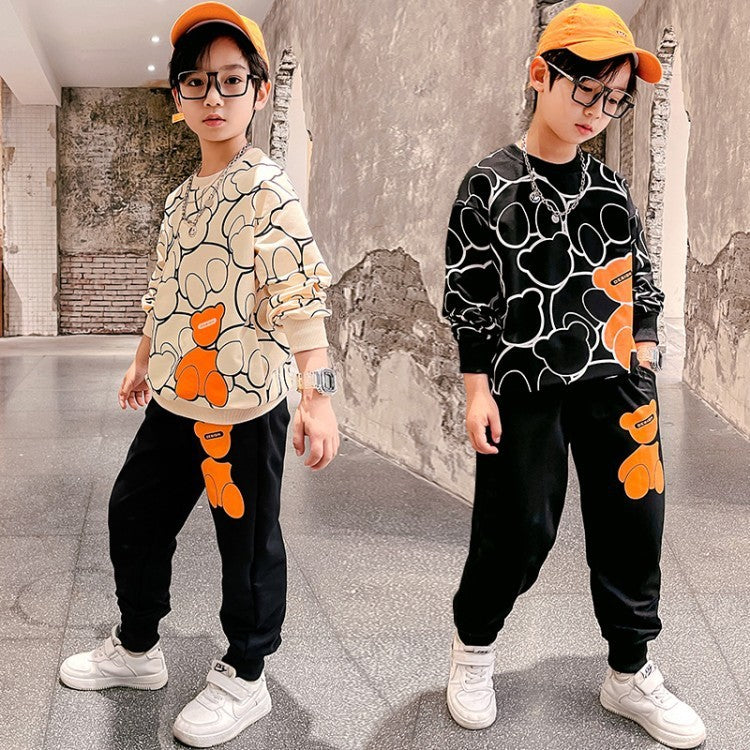 Bear Print Boys’ Sweatshirt Set – Cute & Comfy 2-Piece Outfit for Spring and Autumn