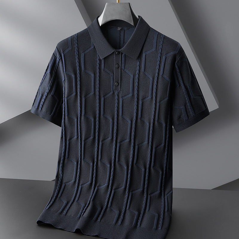 Men’s Plus Size Jacquard Lapel Sweater – Half Sleeve Short-Sleeved Pullover