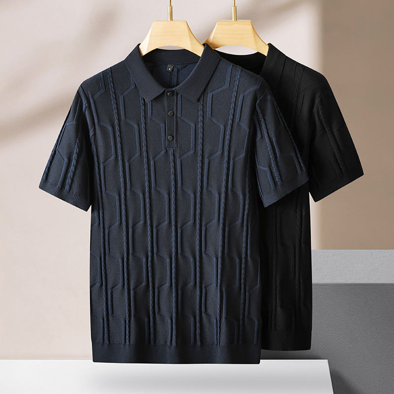 Men’s Plus Size Jacquard Lapel Sweater – Half Sleeve Short-Sleeved Pullover