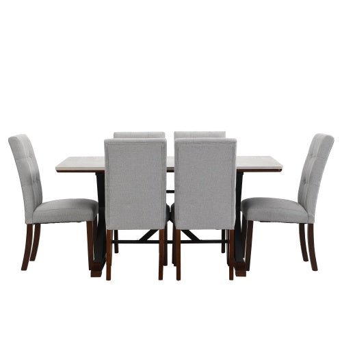 Modern 7-Piece Dining Table Set – 63-Inch Gray Sintered Stone Table with 6 Tufted Chairs