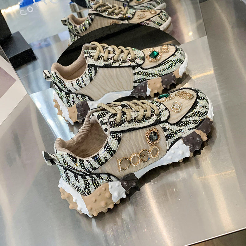 Women’s Diamond-Studded Retro Daddy Shoes – Chunky Sneakers with Glam Appeal