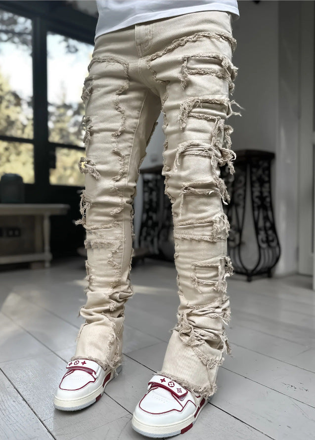 Men’s Stacked Jeans – Individual Patched Long Tight-Fit Trousers for Trendy Streetwear