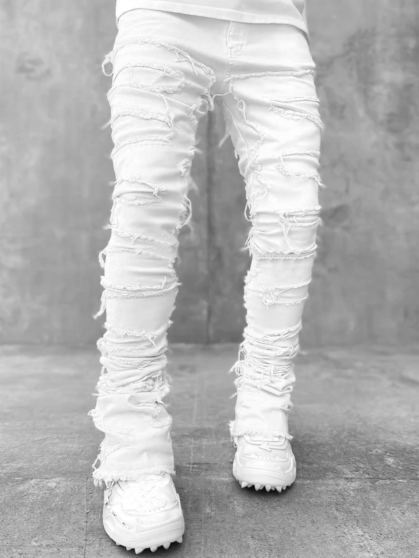Men’s Stacked Jeans – Individual Patched Long Tight-Fit Trousers for Trendy Streetwear