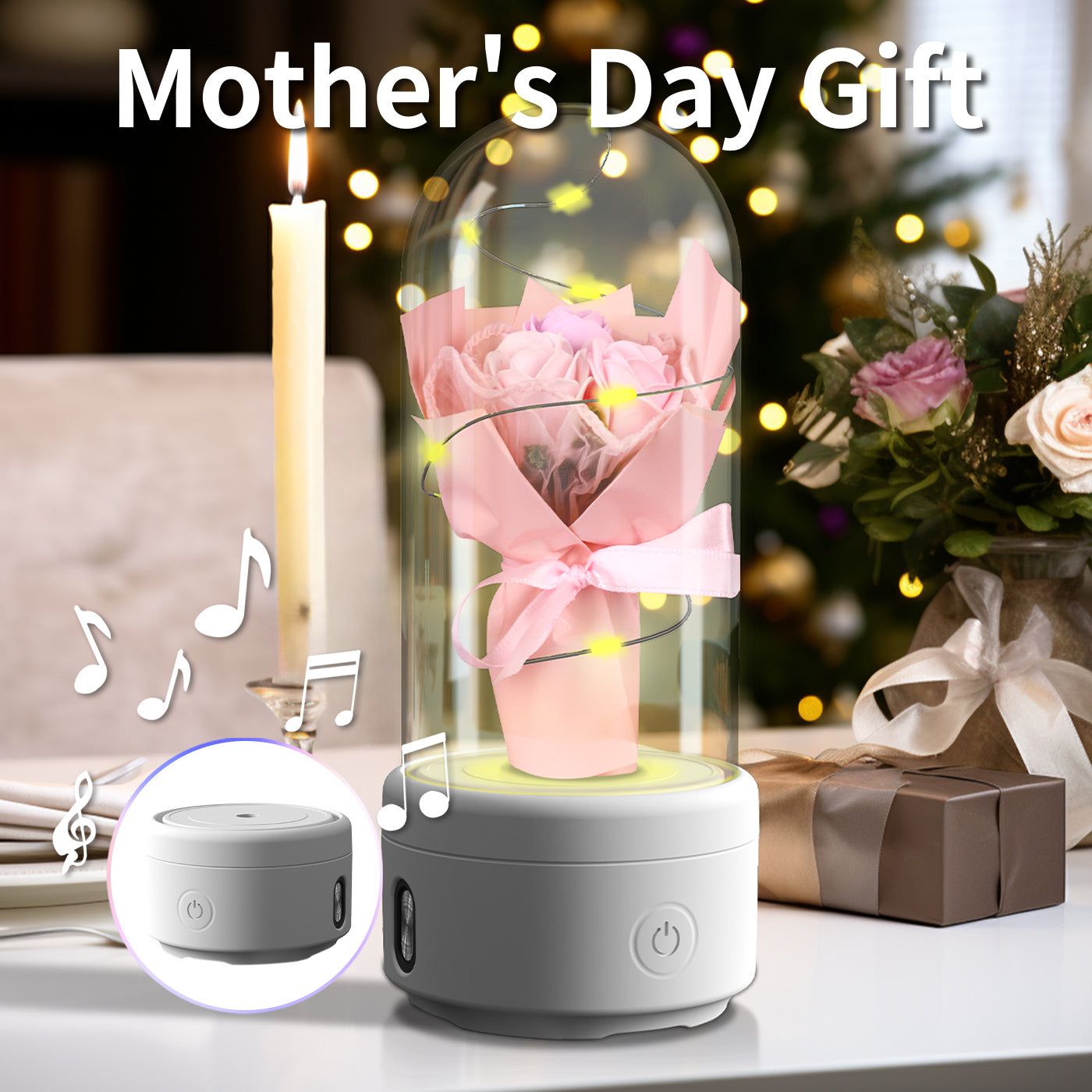 Mother’s Day Gifts – LED Rose Bouquet with Bluetooth Speaker in Glass Dome