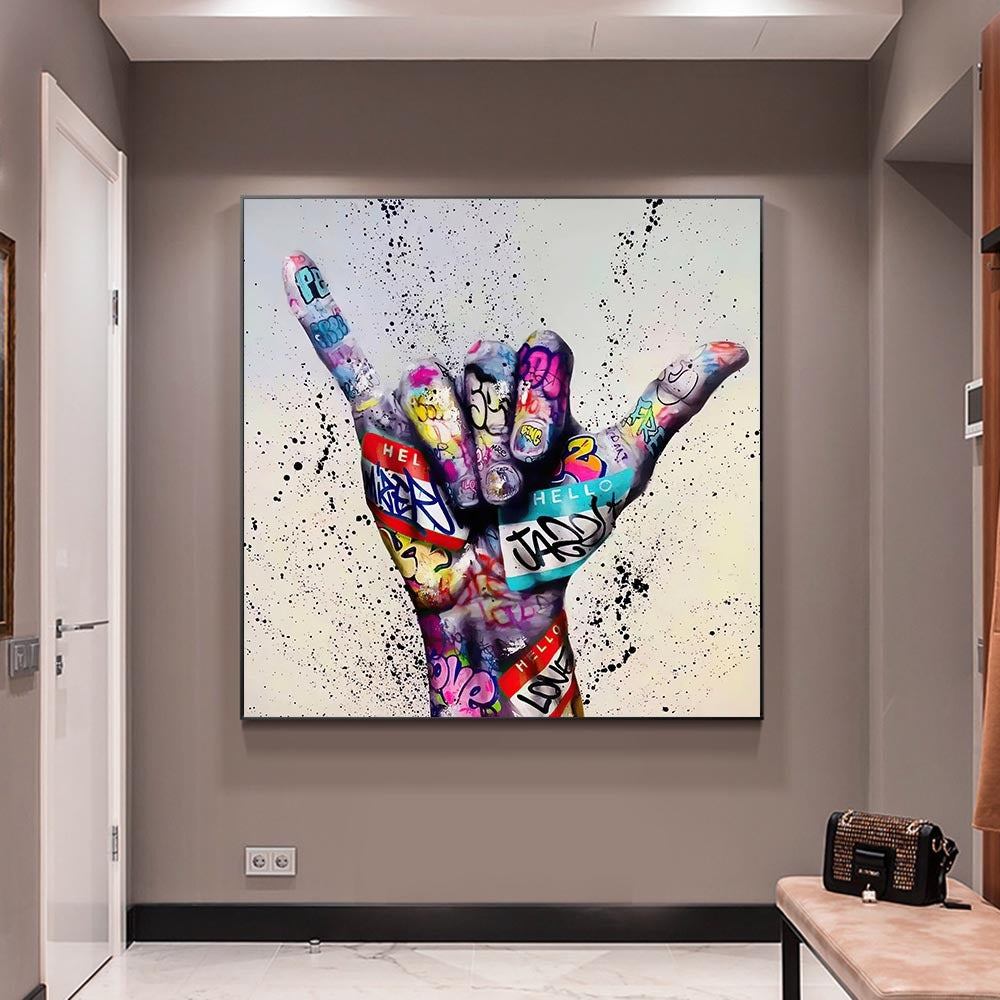 Abstract Graffiti Canvas Art – Hand Gesture Street Style Wall Poster