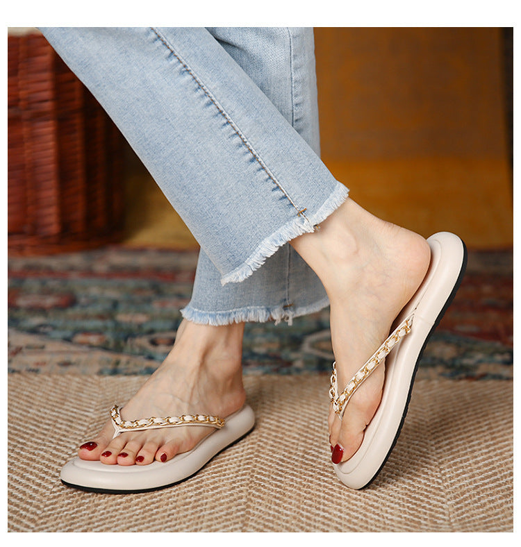 Women’s Retro Chain Strap Sandals – Fashionable Flat Casual Footwear