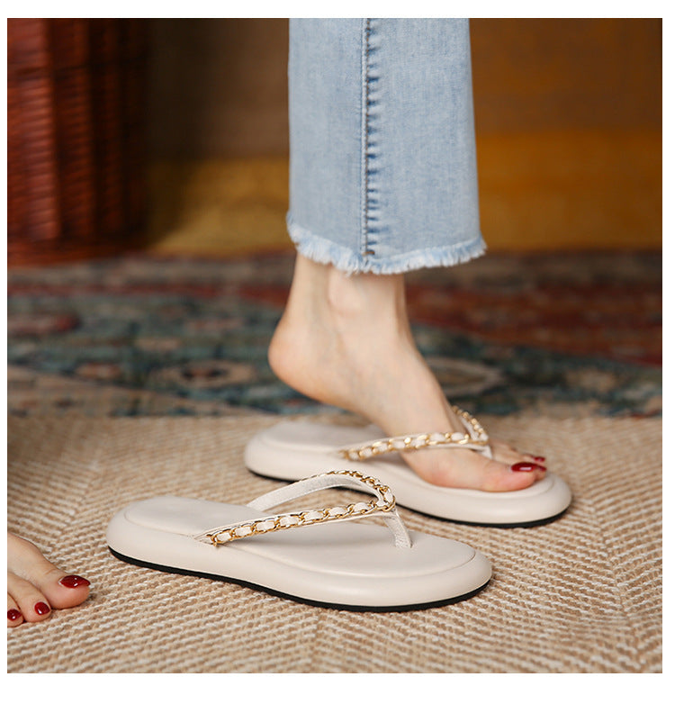 Women’s Retro Chain Strap Sandals – Fashionable Flat Casual Footwear