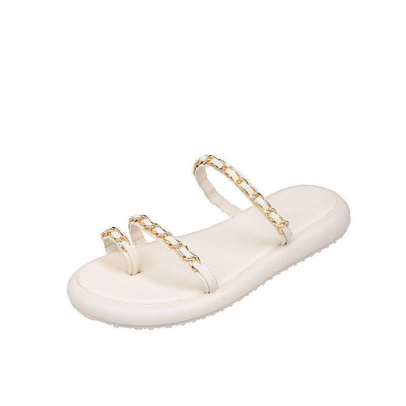 Women’s Retro Chain Strap Sandals – Fashionable Flat Casual Footwear