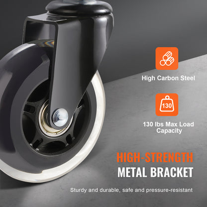 VEVOR Office Chair Wheels, Set Of 5, 3 Inch Caster Wheels Replacement For Hardwood Floors And Carpet, Heavy Duty Computer Gaming Desk Casters With 130 Lbs Load Capacity, Universal Fit For Most Chairs