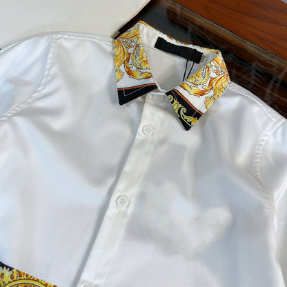 Fashion Boys’ Shirt & Jeans Set – White Long Sleeve with Gold/Black Trim