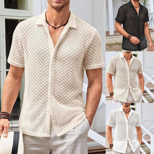 Men’s Summer Mesh Short Sleeve Shirt – Lightweight Lapel Shirt for Beach & Casual Wear