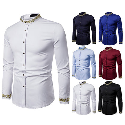 Men’s Shirt with Gold Embroidery – Stand Collar Slim Fit Long Sleeve Dress Shirt