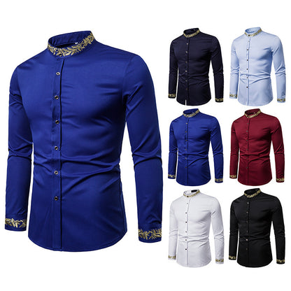 Men’s Shirt with Gold Embroidery – Stand Collar Slim Fit Long Sleeve Dress Shirt