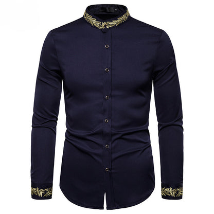 Men’s Shirt with Gold Embroidery – Stand Collar Slim Fit Long Sleeve Dress Shirt