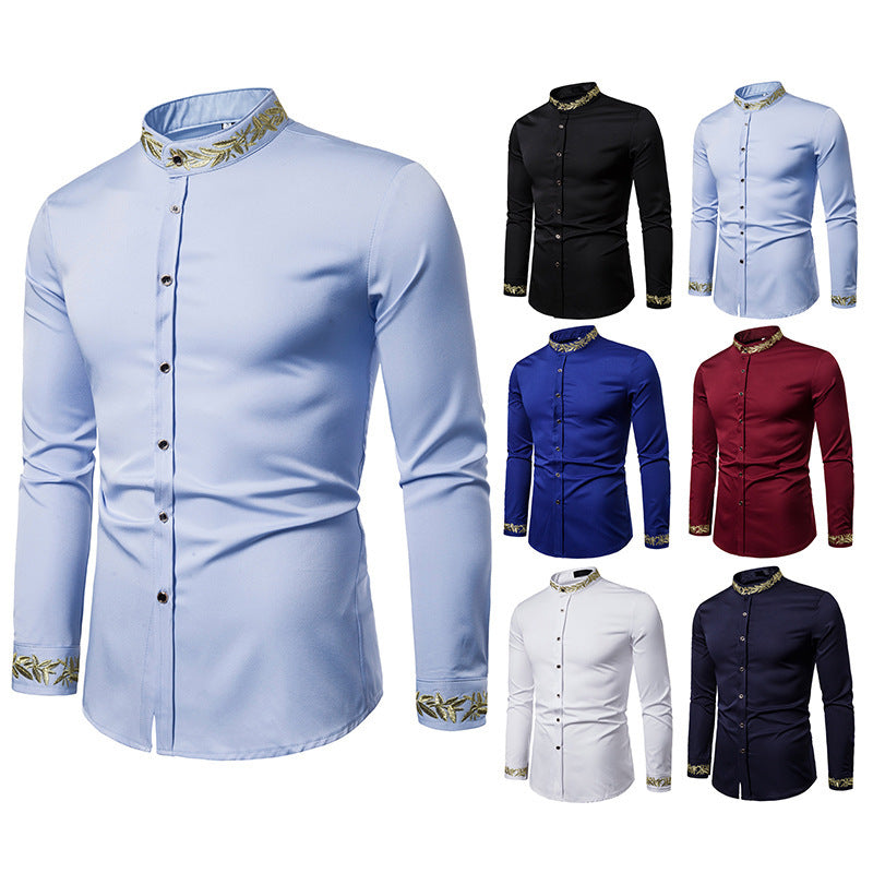 Men’s Shirt with Gold Embroidery – Stand Collar Slim Fit Long Sleeve Dress Shirt