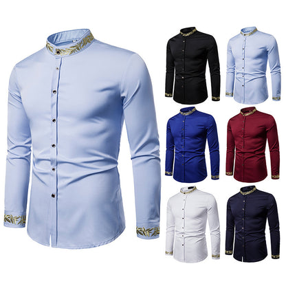 Men’s Shirt with Gold Embroidery – Stand Collar Slim Fit Long Sleeve Dress Shirt