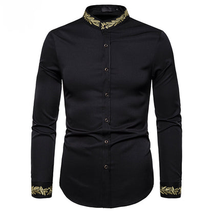 Men’s Shirt with Gold Embroidery – Stand Collar Slim Fit Long Sleeve Dress Shirt