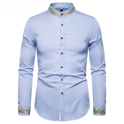 Men’s Shirt with Gold Embroidery – Stand Collar Slim Fit Long Sleeve Dress Shirt