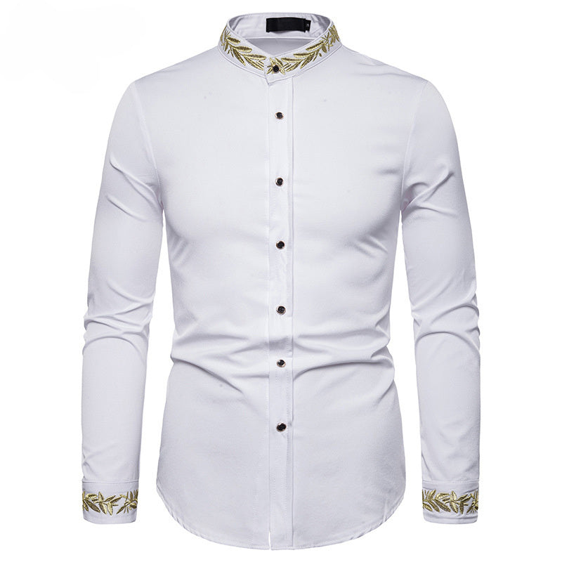 Men’s Shirt with Gold Embroidery – Stand Collar Slim Fit Long Sleeve Dress Shirt