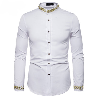 Men’s Shirt with Gold Embroidery – Stand Collar Slim Fit Long Sleeve Dress Shirt