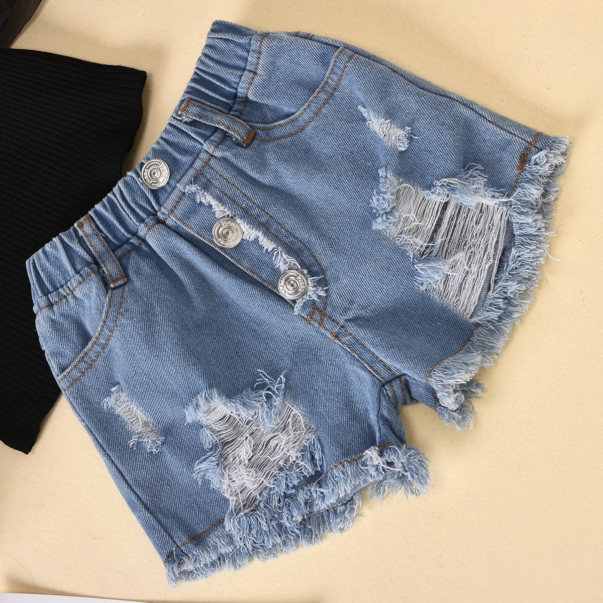 Kids’ Fashion Sets – Cotton Top with Dot Mesh Sleeves & Ripped Denim Shorts