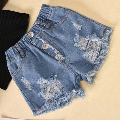 Kids’ Fashion Sets – Cotton Top with Dot Mesh Sleeves & Ripped Denim Shorts