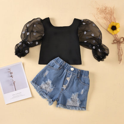 Kids’ Fashion Sets – Cotton Top with Dot Mesh Sleeves & Ripped Denim Shorts